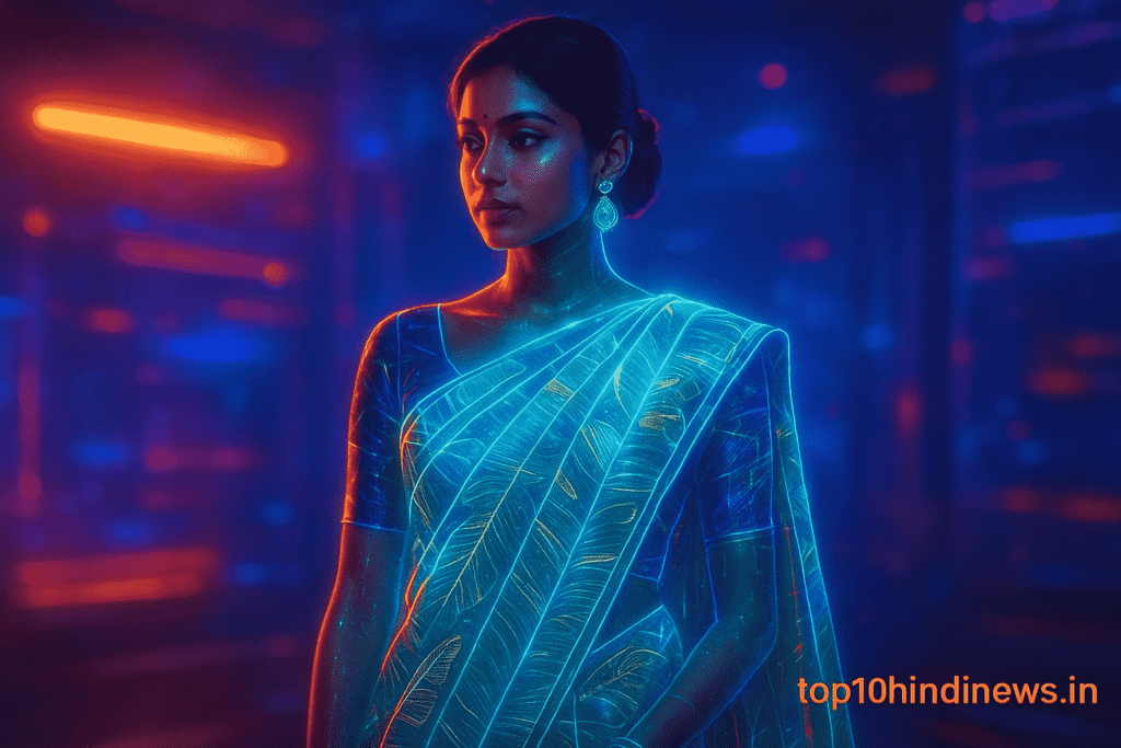 Google Gemini Nano Banana AI Saree viral trend image with holographic effects and top10hindinews.in branding