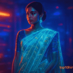 Google Gemini Nano Banana AI Saree viral trend image with holographic effects and top10hindinews.in branding