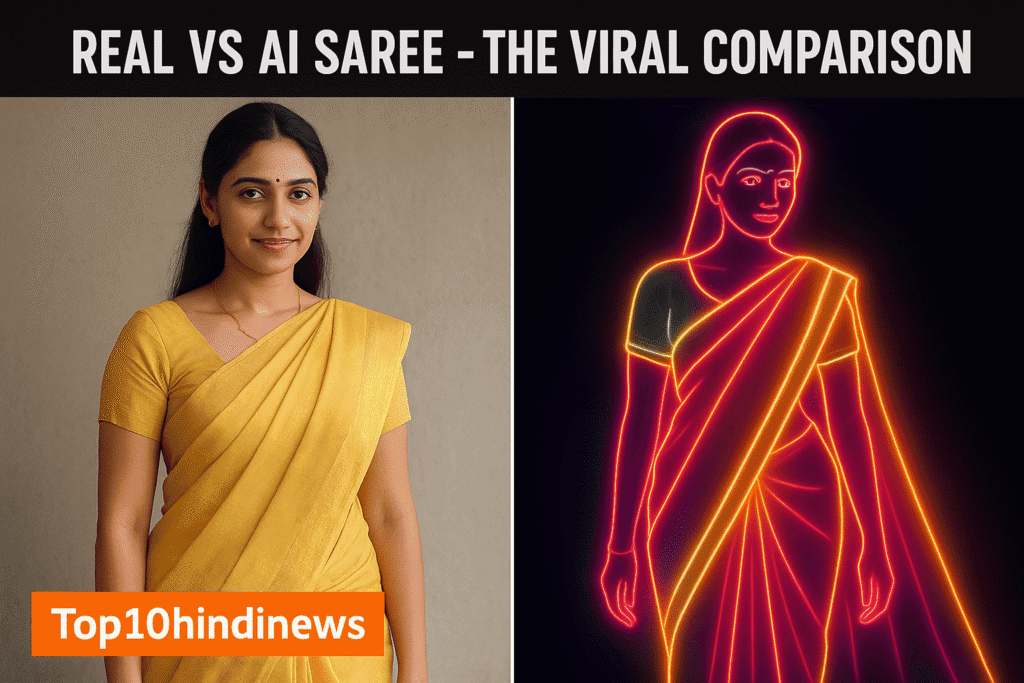 Real vs AI Saree comparison showing Google Gemini Nano Banana AI Saree transformation side by side