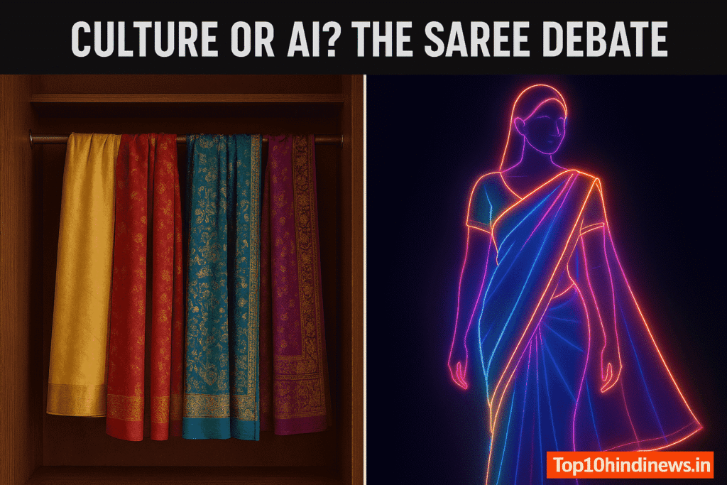 Culture or AI debate illustrated with traditional saree wardrobe vs Banana AI Saree holographic style by Google Gemini Nano
