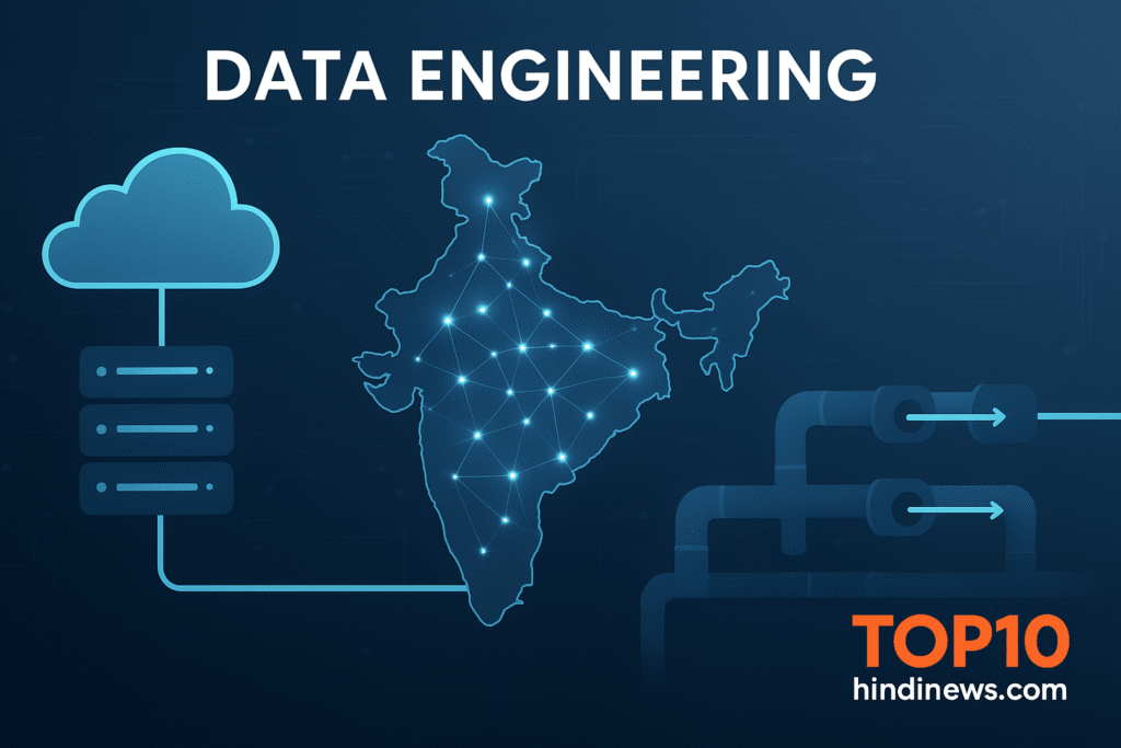 India Data Engineering Boom 2025 infographic with data pipelines and cloud servers, top10hindinews.com logo