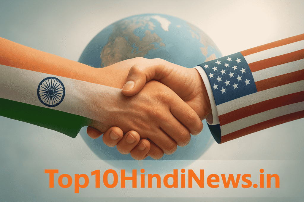 भारत और अमेरिका के झंडे से रंगे हाथ ग्लोब पर हाथ मिलाते हुए, वैश्विक सहयोग और कूटनीतिक समझ का प्रतीक