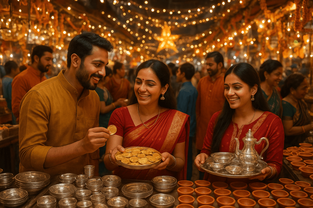 People buying gold and silver on Dhanteras 2025 – festive shopping scene in Indian jewelry market.