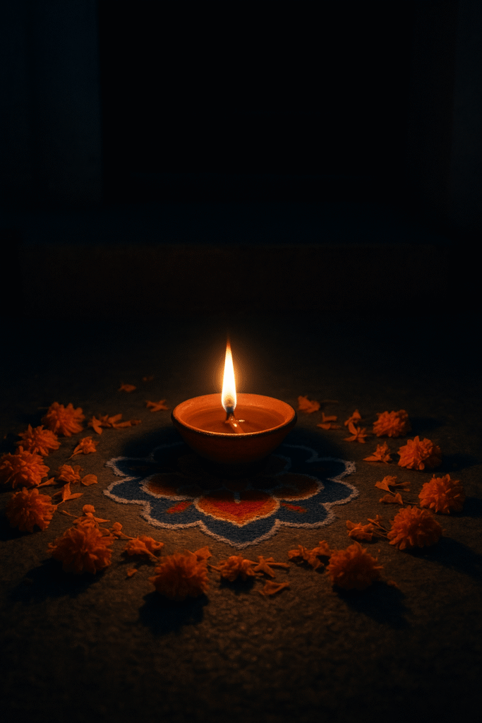 Yam Deep Daan ritual on Dhanteras night – diya glowing at doorstep surrounded by marigold flowers.