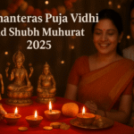 Dhanteras Puja Vidhi and Shubh Muhurat 2025 – Goddess Lakshmi, Lord Dhanvantari, and Kuber Puja setup with diyas and gold coins