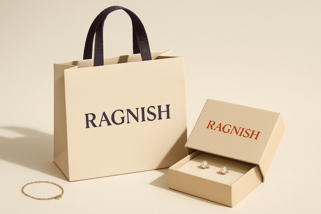 Affordable & trending jewelry flat-lay with Ragnish branded shopping bag"