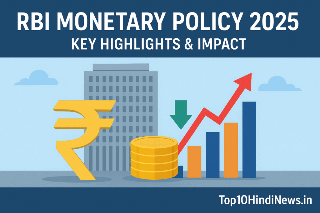 RBI Monetary Policy 2025 news illustration showing RBI headquarters, Indian Rupee symbol, coins, bar graphs, and repo rate arrows with Top10HindiNews.in branding.