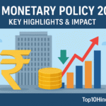 RBI Monetary Policy 2025 news illustration showing RBI headquarters, Indian Rupee symbol, coins, bar graphs, and repo rate arrows with Top10HindiNews.in branding.