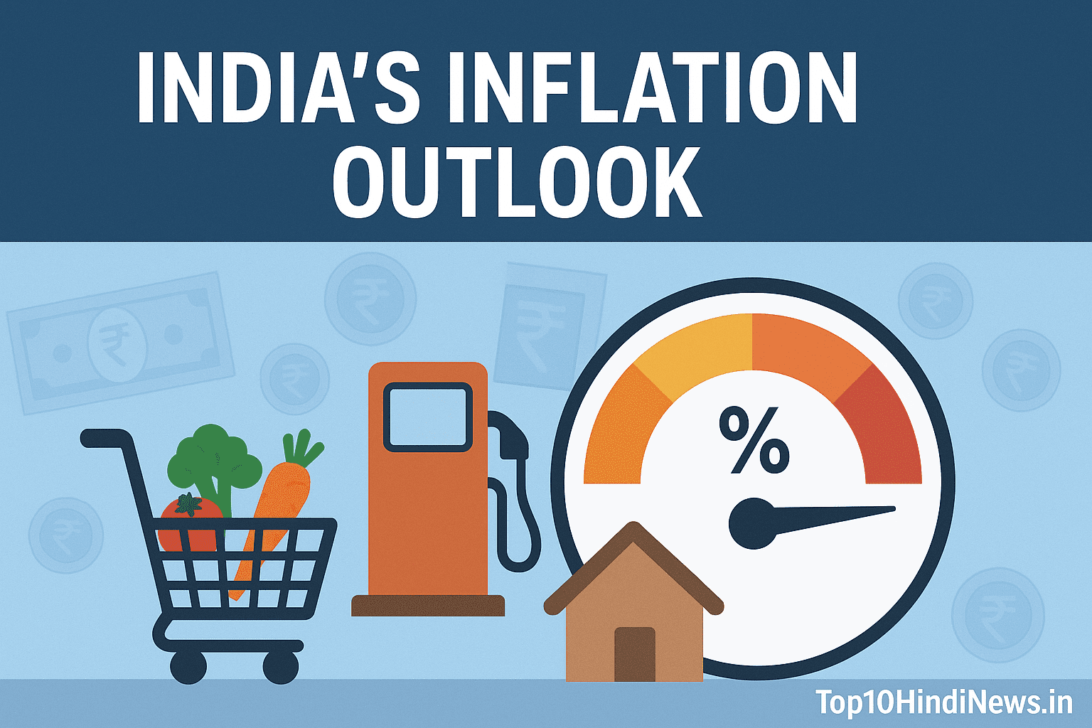 India’s inflation outlook 2025 news graphic showing shopping cart, groceries, fuel pump, and inflation meter rising with rupee notes in background."