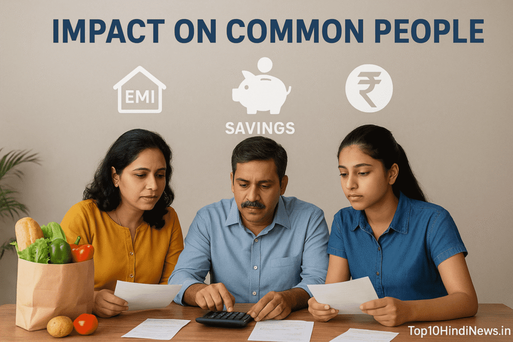 Impact of RBI monetary policy 2025 on common people showing Indian family calculating household expenses with bills, calculator, and rupee icons.