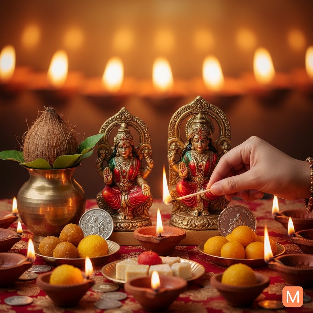Dhanteras Puja 2025 at home – Lakshmi Ganesh idols with diyas, sweets, and silver coins on red cloth