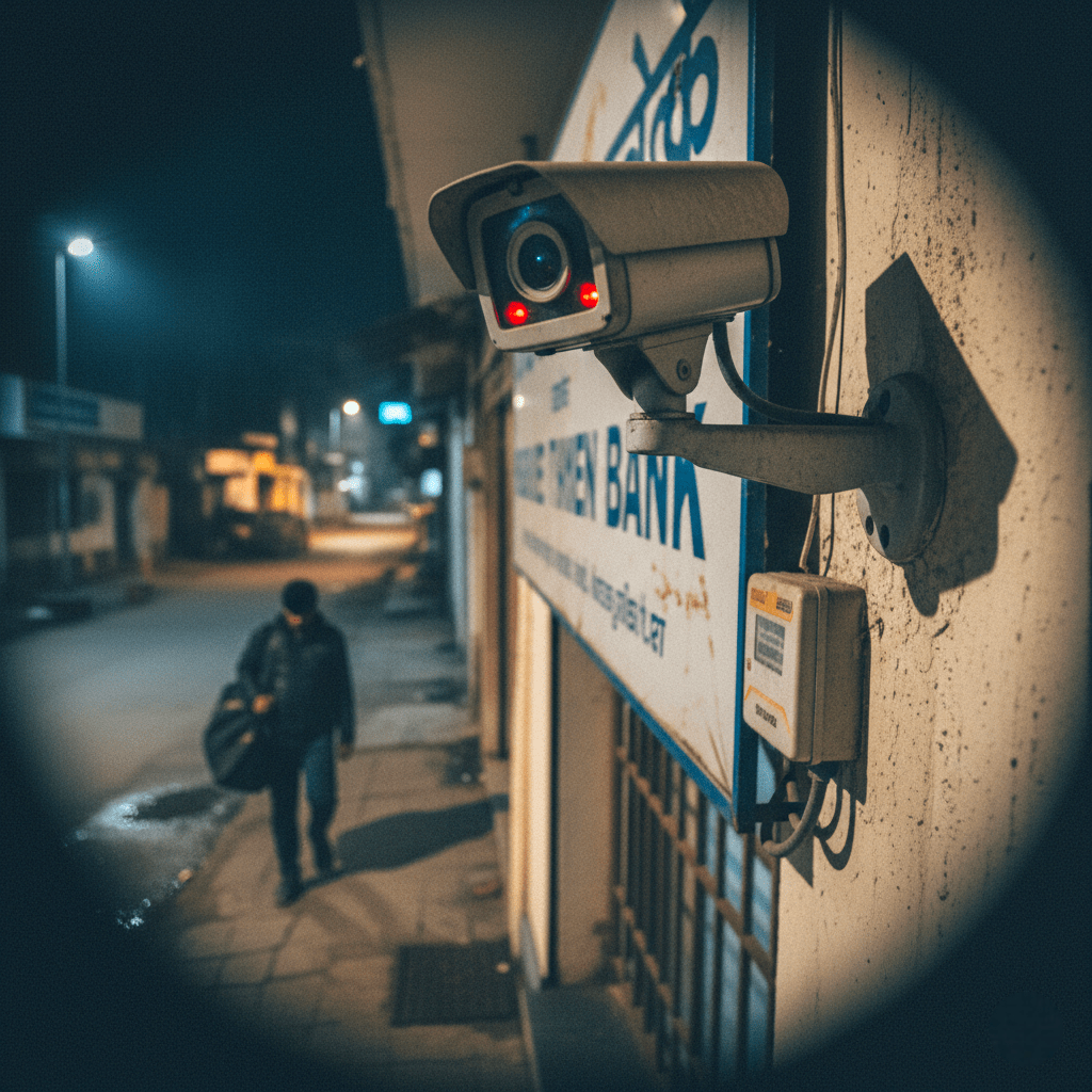 External CCTV capturing suspect near Canara Bank during ₹1.58 crore theft in Maharashtra.