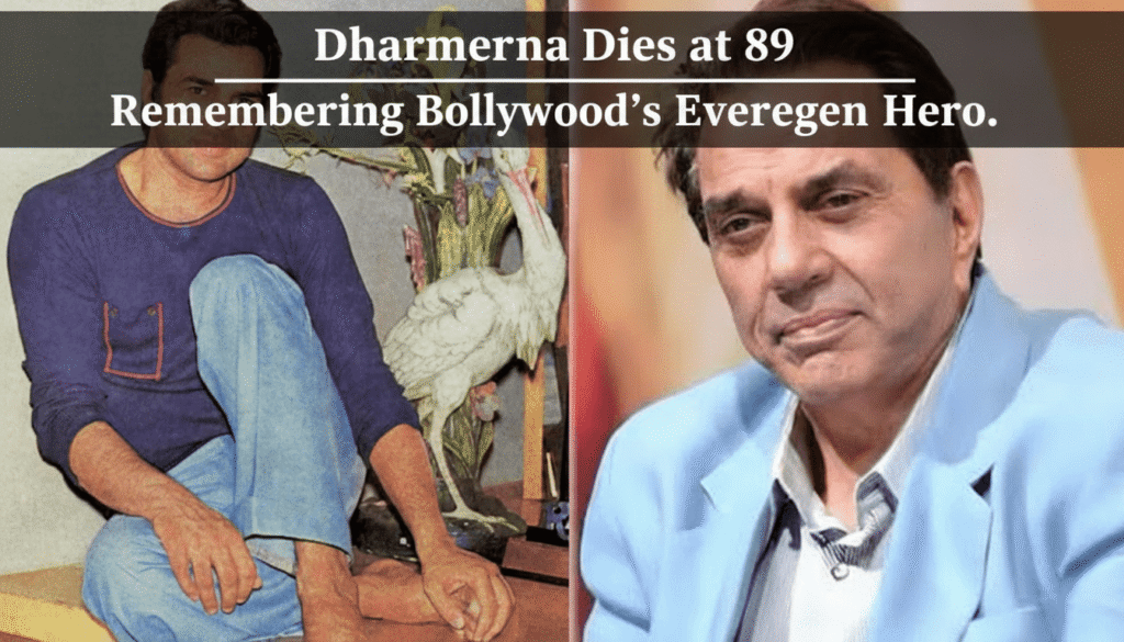 Bollywood legend Dharmendra smiling in classic attire, tribute to his passing at 89