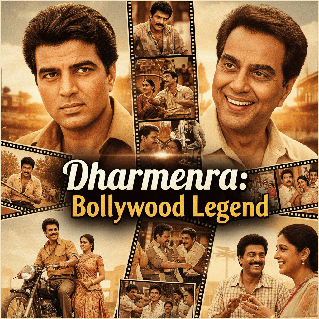 Collage of Dharmendra’s iconic film roles including Sholay, Chupke Chupke, Seeta Aur Geeta