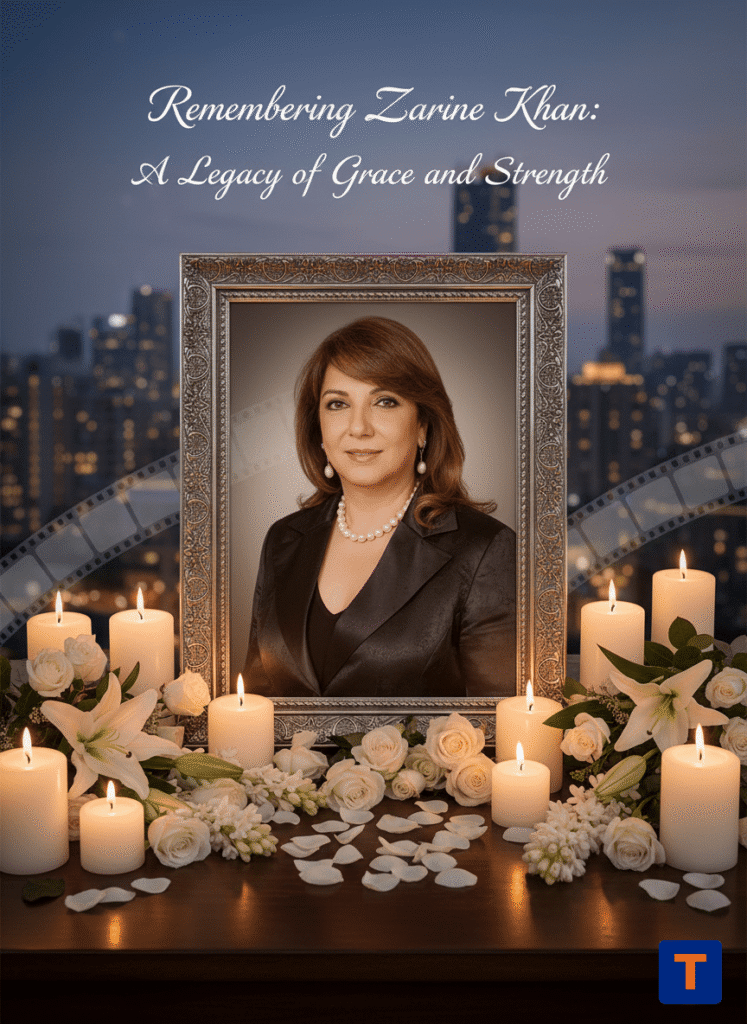 Zarine Khan funeral tribute image with candles and Mumbai backdrop