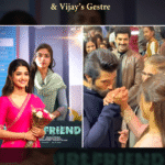 Rashmika Mandanna collage with The Girlfriend poster, Vijay Deverakonda hand-kissing gesture, and National Award icon.