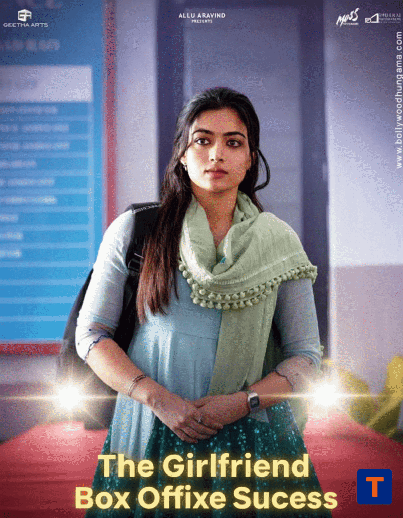Rashmika Mandanna with The Girlfriend poster celebrating box office success.