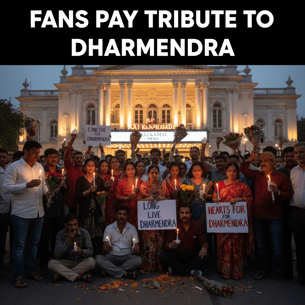 Fans paying tribute to Dharmendra outside cinema hall with candles and posters