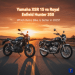 Yamaha XSR 155 vs Royal Enfield Hunter 350 comparison 2025 on open road at sunset
