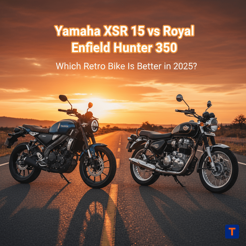 Yamaha XSR 155 vs Royal Enfield Hunter 350 comparison 2025 on open road at sunset