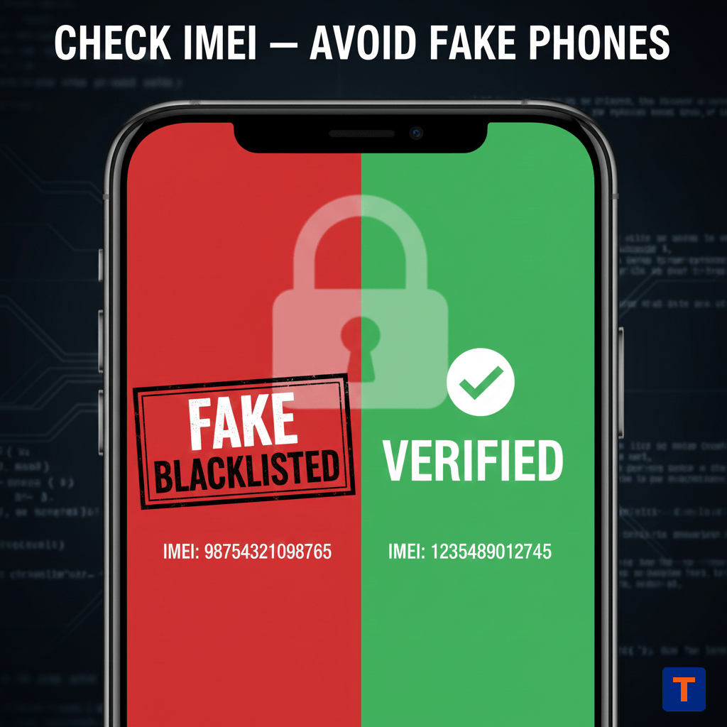 Comparison of fake vs verified IMEI on smartphone screen.