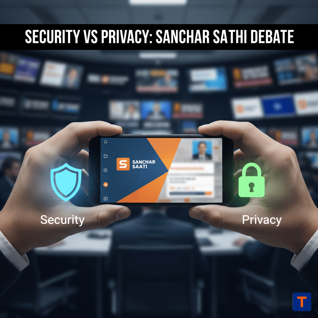 Illustration of security versus privacy debate around Sanchar Saathi app.