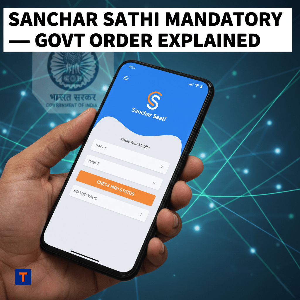 Smartphone showing Sanchar Saathi IMEI verification screen with government emblem.